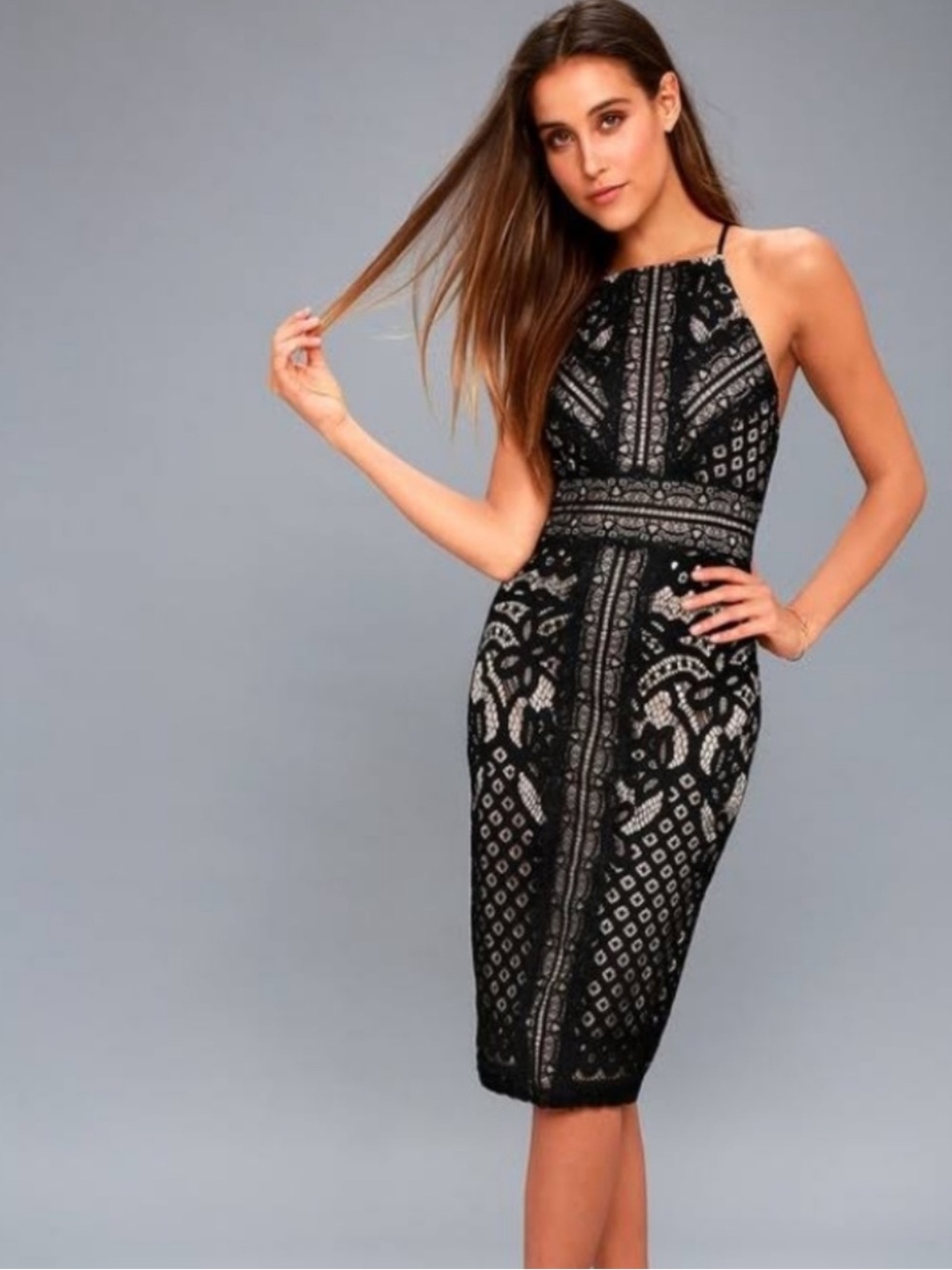 Lulu’s Primrose - Black Lace Halter Sheath Dress